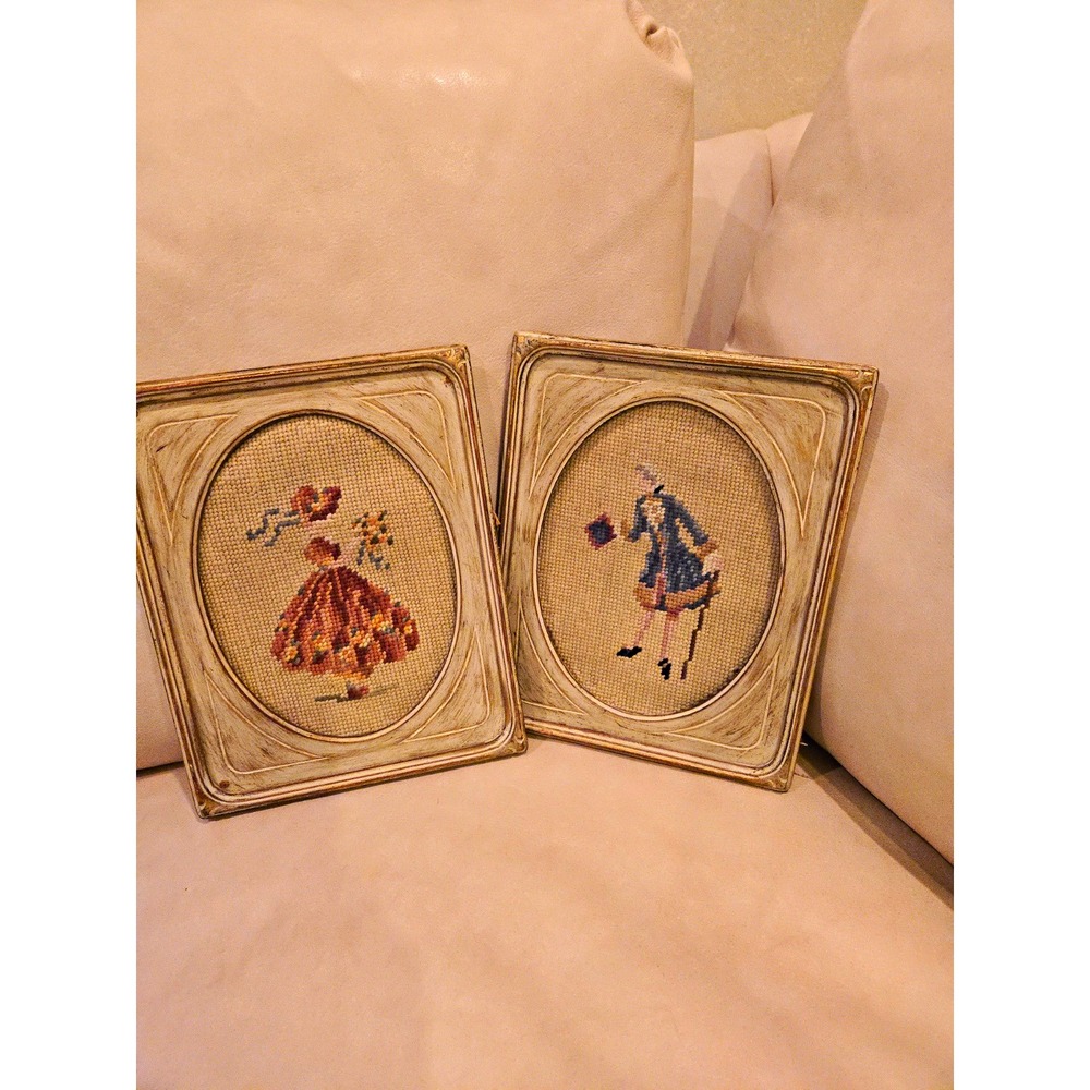 Pair Needlepoint Lady & Gentleman Vintage Florentine Style Frames Oval Opening